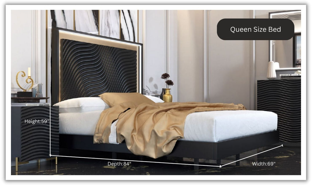 ESF Italia Wave Dark Gray Wooden King/Queen Size Bed With Wave Pattern Headboard