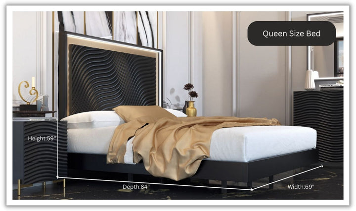 ESF Italia Wave Dark Gray Wooden King/Queen Size Bed With Wave Pattern Headboard