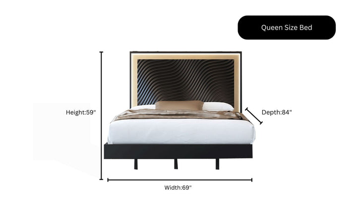 ESF Italia Wave Dark Gray Wooden King/Queen Size Bed With Wave Pattern Headboard