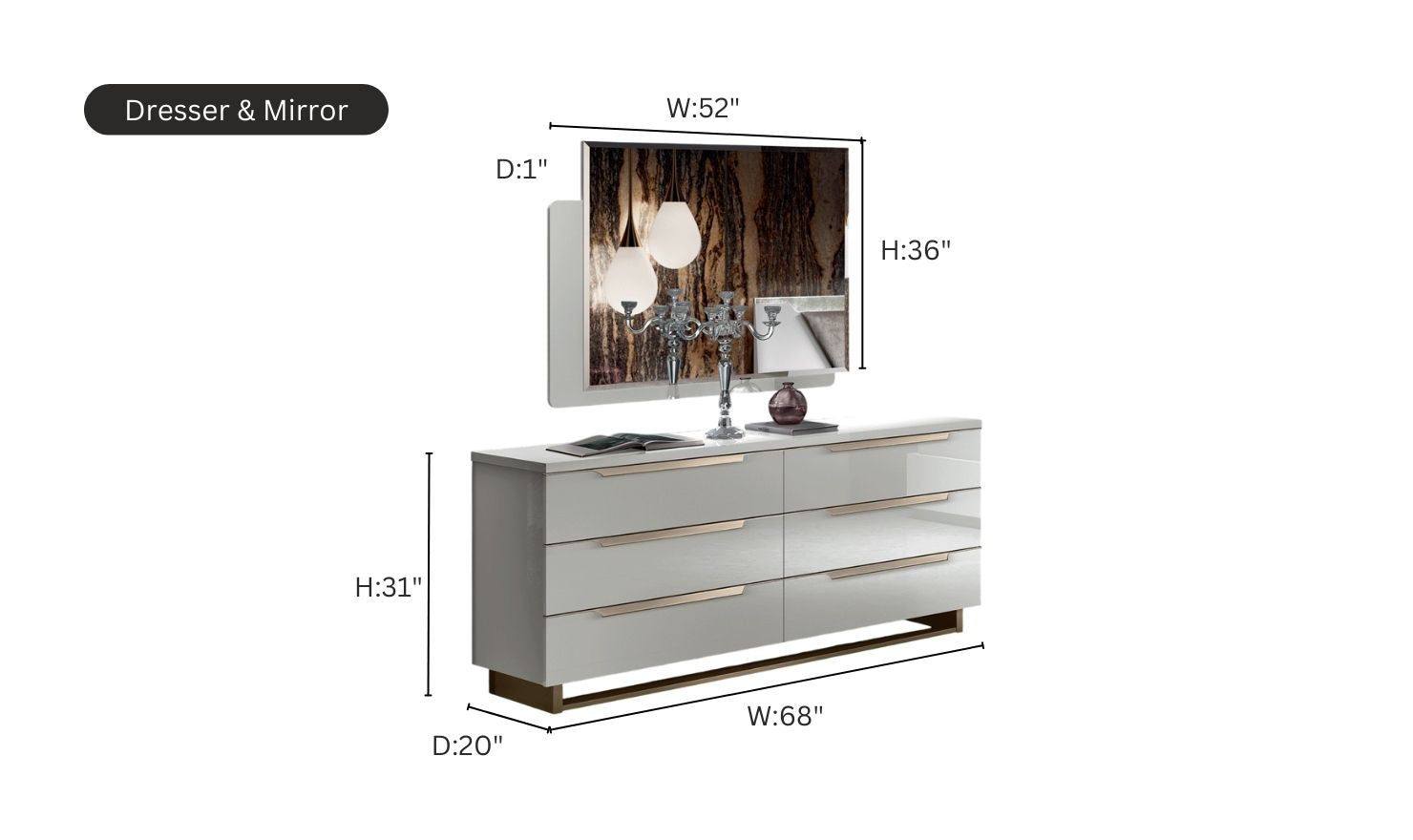 ESF Italia Smart Wooden Bedroom Set (Queen/King Bed + 2 Nightstands + Double Dresser + Mirror)