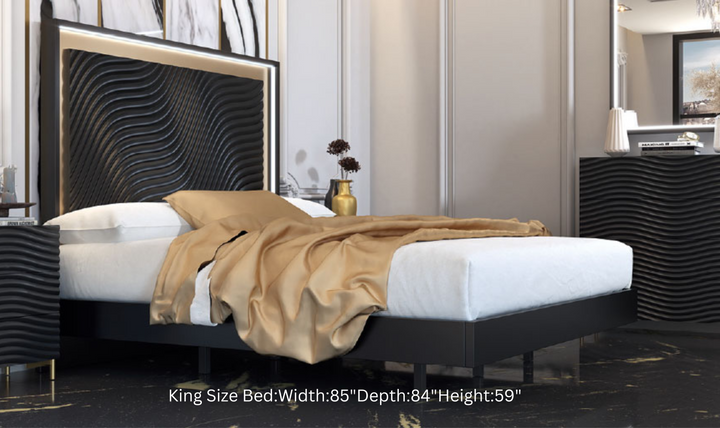 ESF Italia Wave Dark Gray Wooden King/Queen Size Bed With Wave Pattern Headboard