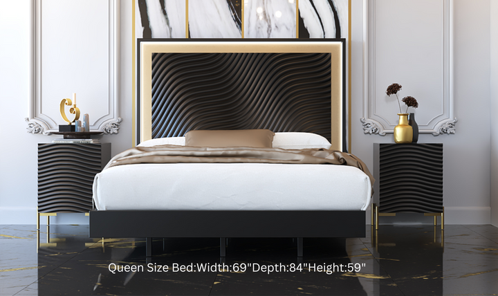 ESF Italia Wave Dark Gray Wooden King/Queen Size Bed With Wave Pattern Headboard