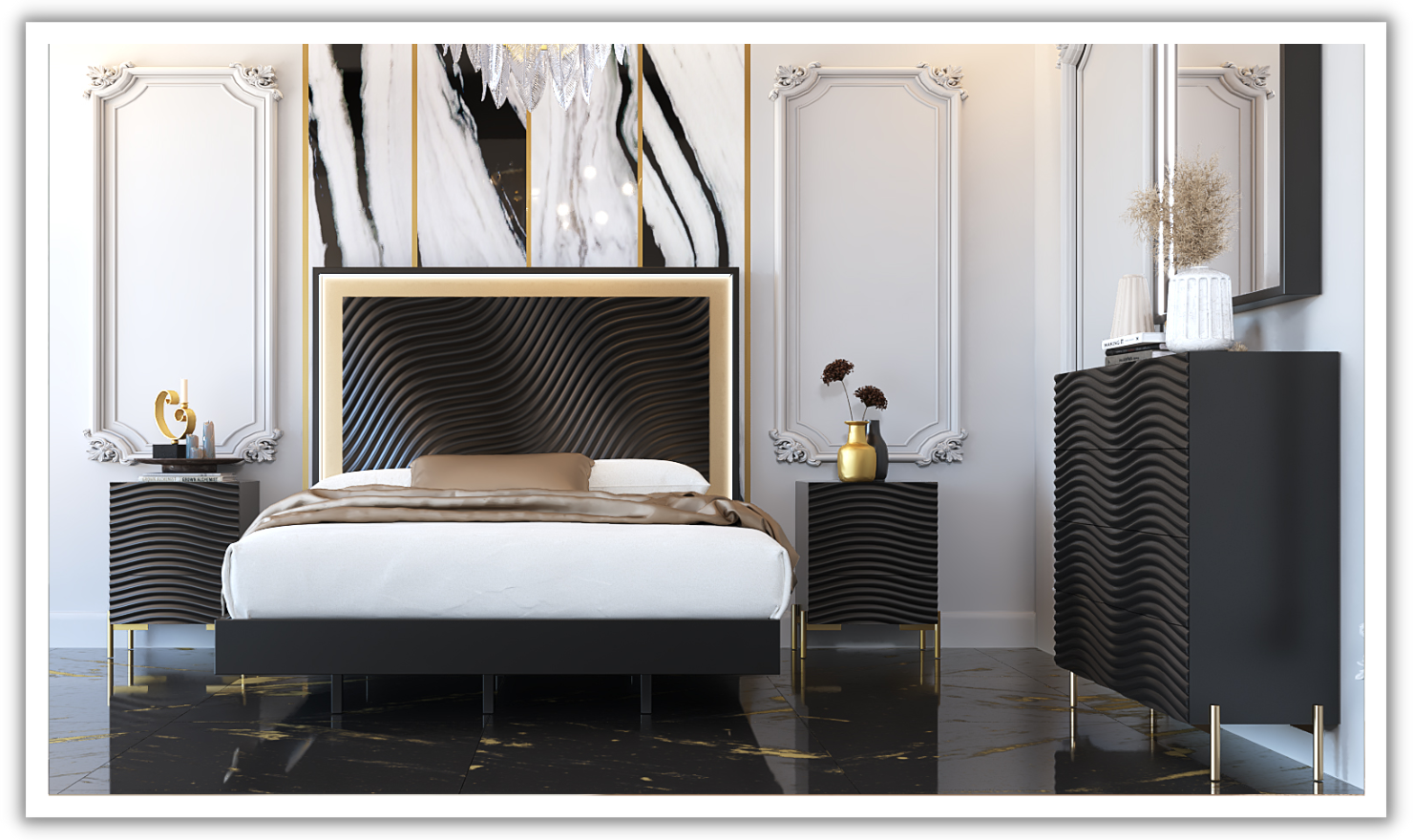ESF Italia Wave Wooden Bedroom Set In Dark Gray (Queen/King Bed + 2 Nightstand + Dresser + Mirror)