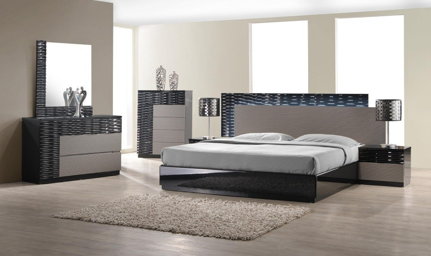 Jennifer Italia Rondo Platform Bedroom Set in Black & Gray Lacquer Finish