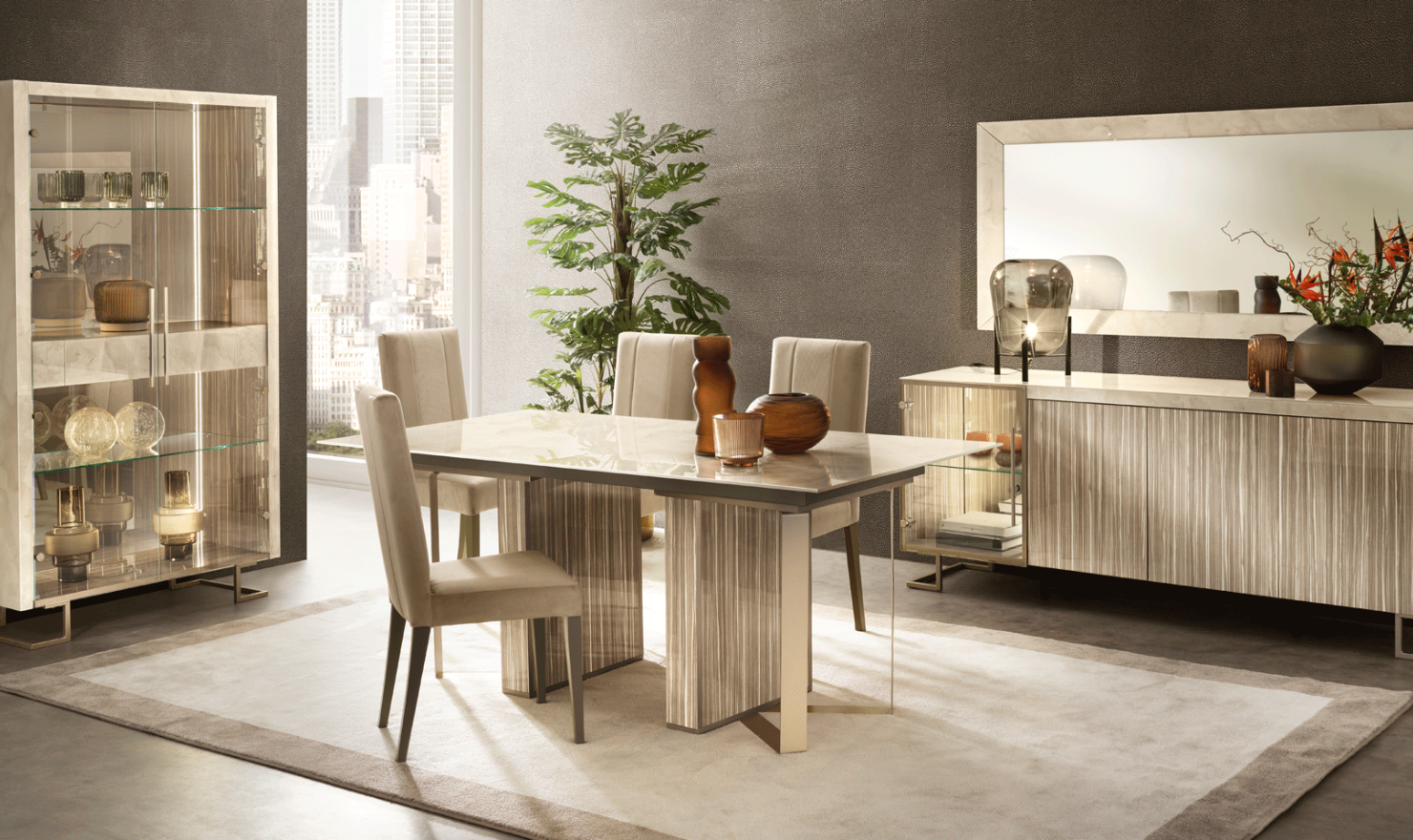 ESF Italia Luce Wooden Dining Room Set In Beige With High Gloss Lacquer Finish