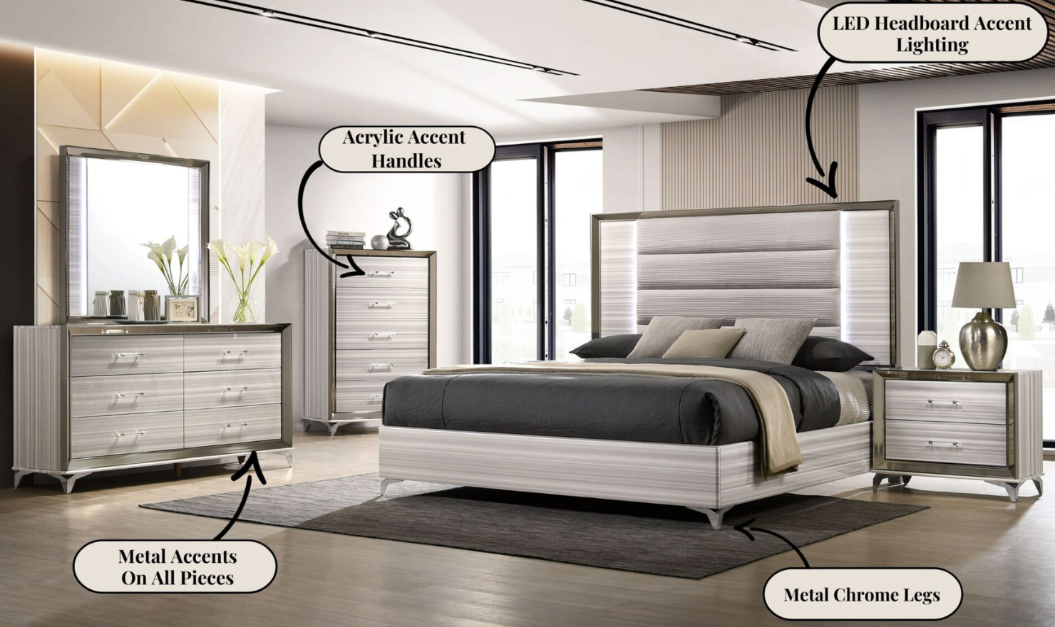 Global Furniture Zambrano White Bedroom Set With LED (King / Queen size)- Jennifer Furniture