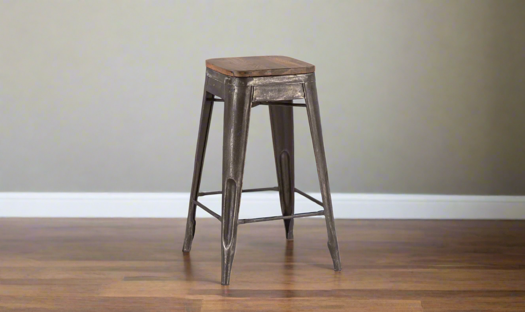 HTD Eiffel Iron Base Barstool With Teakwood Top