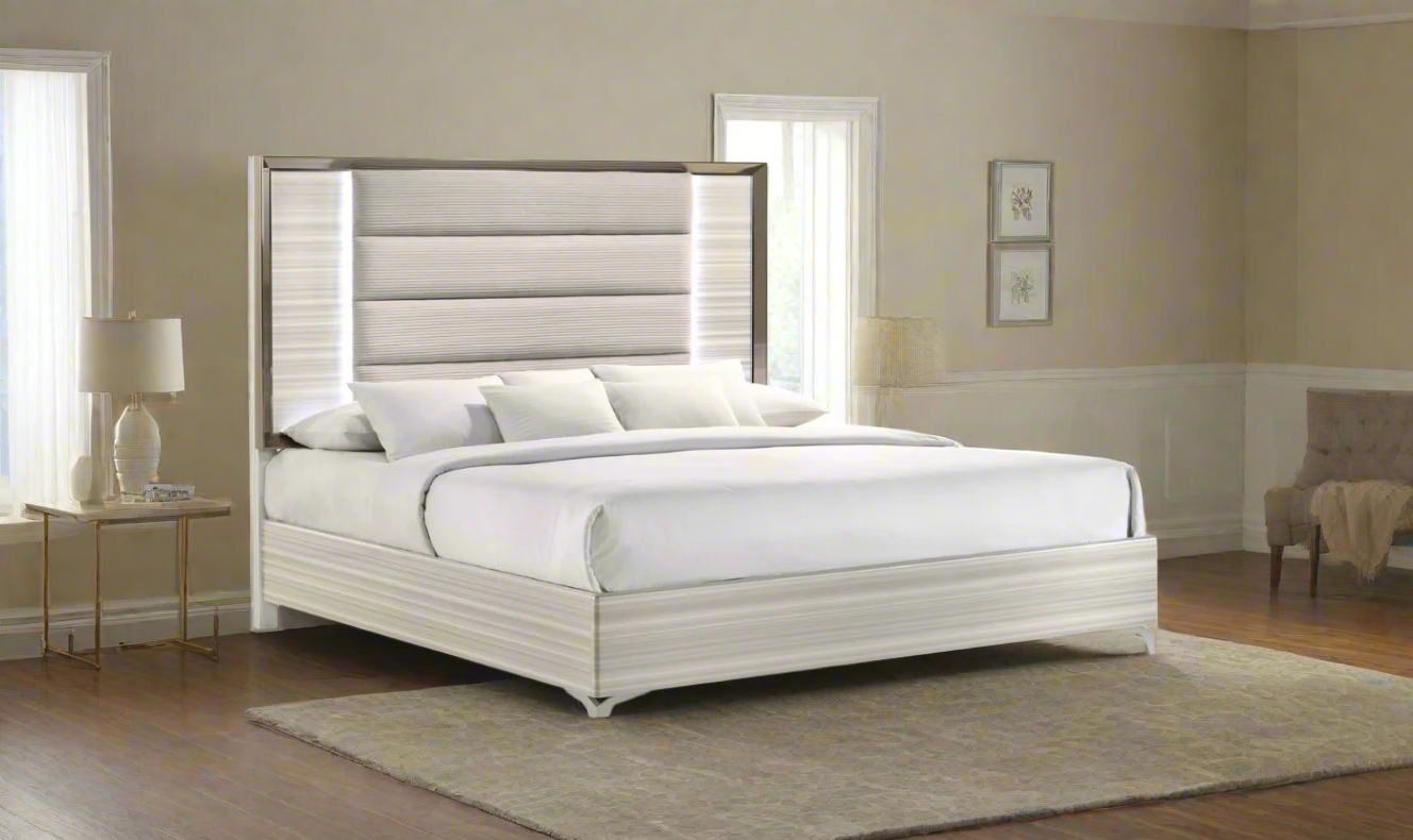 Global Furniture Zambrano White Bedroom Set With LED (King / Queen size)- Jennifer Furniture