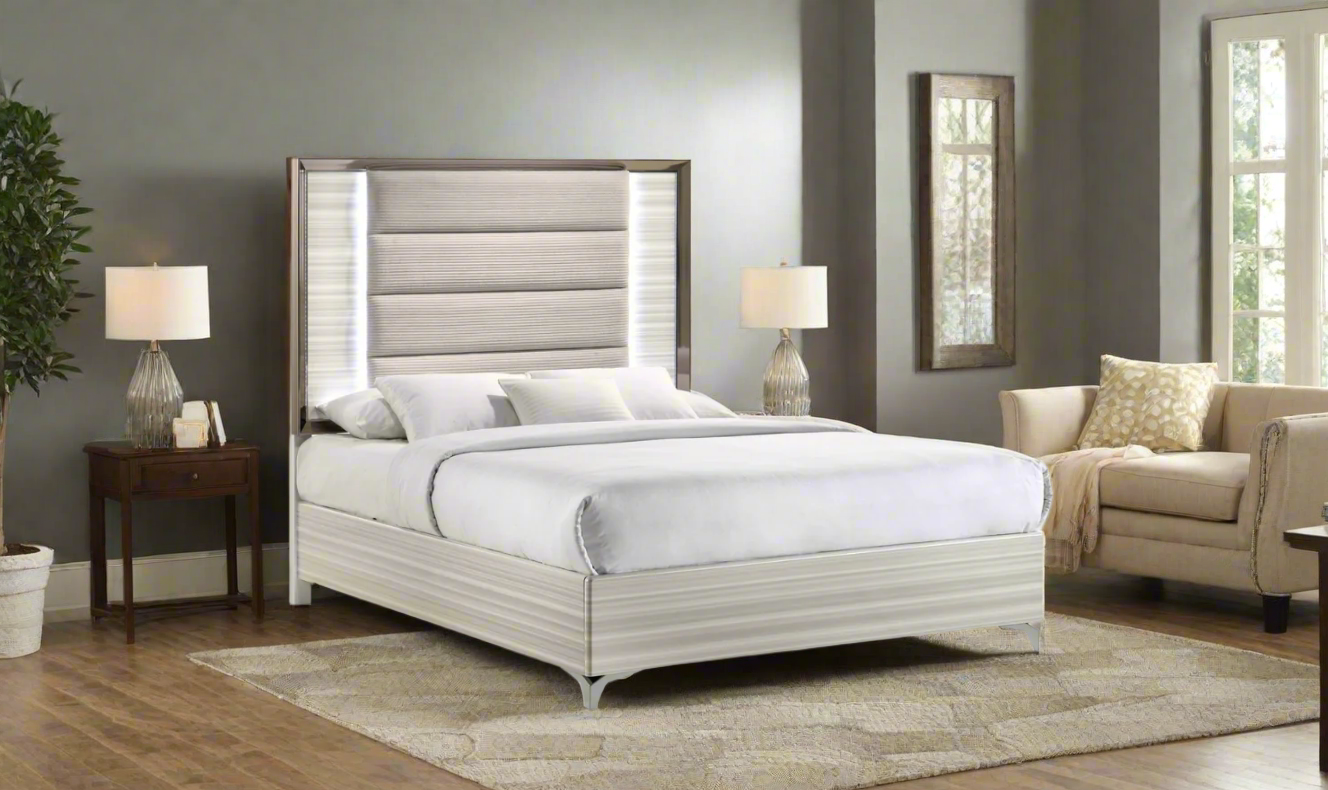 Global Furniture Zambrano White Bedroom Set With LED (King / Queen size)- Jennifer Furniture