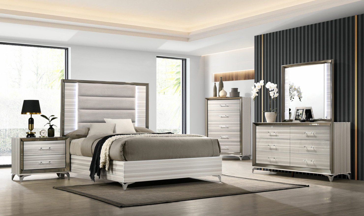 Global Furniture Zambrano White Bedroom Set With LED (King / Queen size)- Jennifer Furniture