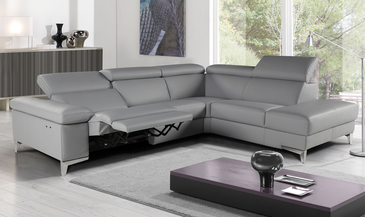 Nicoletti Italia Megan L-Shape Leather Sectional Recliner Sofa w/ Adjustable Headrest- Jennifer Furniture