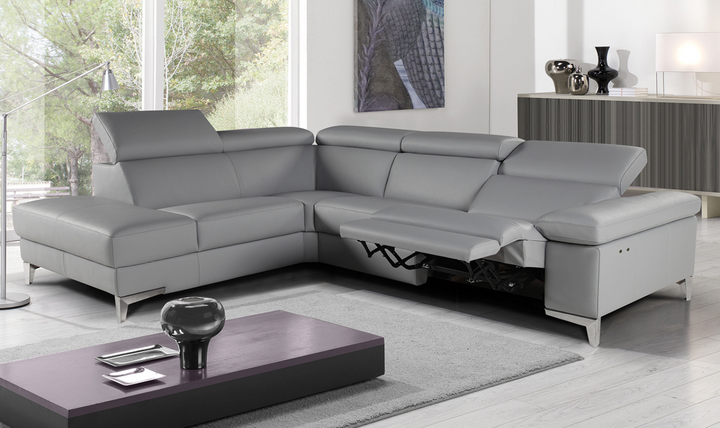 Nicoletti Italia Megan L-Shape Leather Sectional Recliner Sofa w/ Adjustable Headrest- Jennifer Furniture