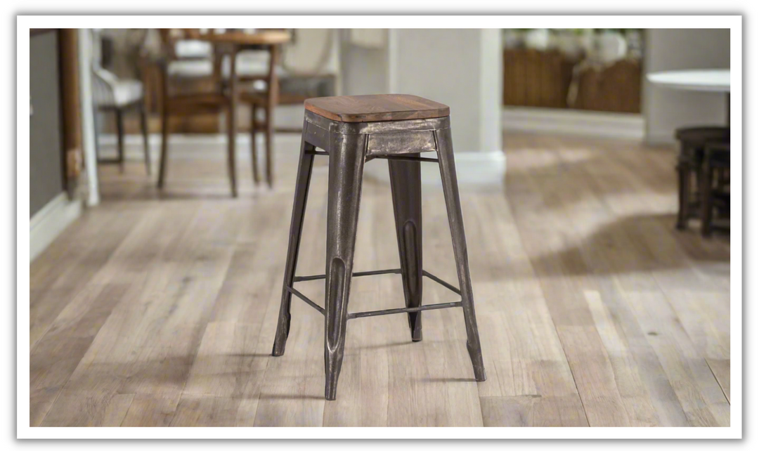 HTD Eiffel Iron Base Barstool With Teakwood Top-Jennifer Furniture