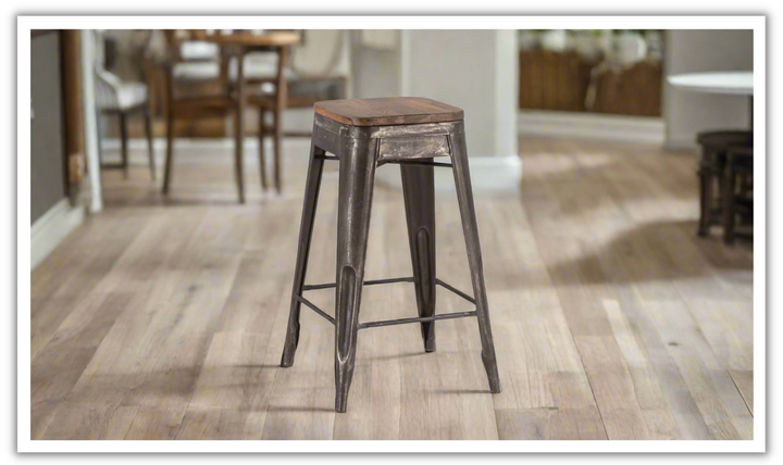 HTD Eiffel Iron Base Barstool With Teakwood Top-Jennifer Furniture