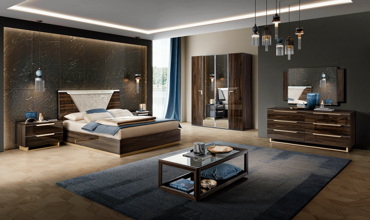 ESF Italia Smart Wooden Bedroom Set (Queen/King Bed + 2 Nightstands + Double Dresser + Mirror)