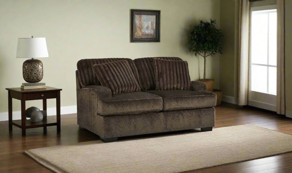 Ashley Aylesworth Fabric Loveseat With Pillows In Chocolate Brown- Jennifer Furniture