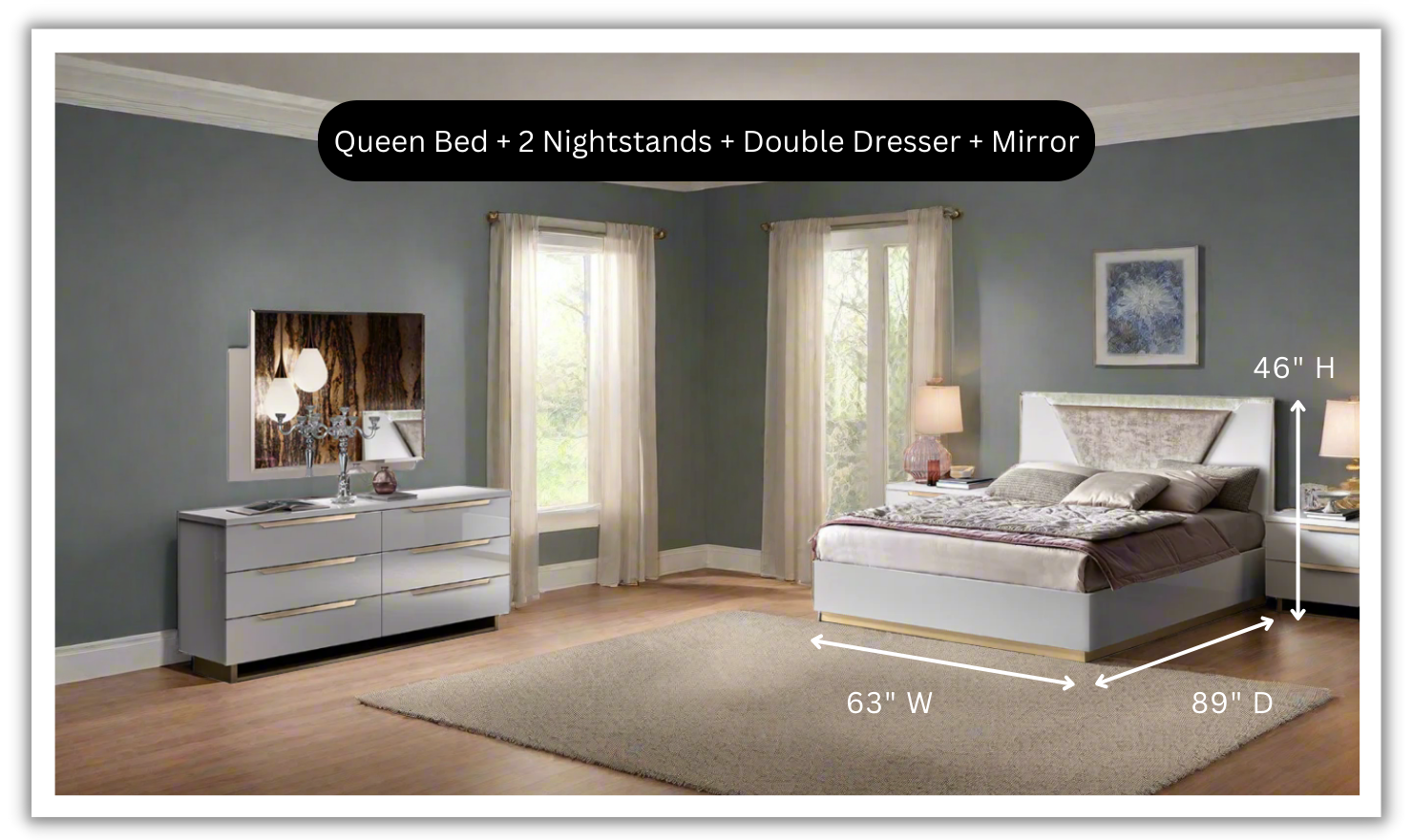 ESF Italia Smart Wooden Bedroom Set (Queen/King Bed + 2 Nightstands + Double Dresser + Mirror)
