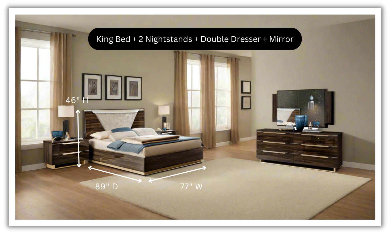 ESF Italia Smart Wooden Bedroom Set (Queen/King Bed + 2 Nightstands + Double Dresser + Mirror)