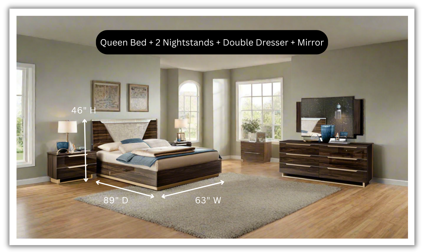 ESF Italia Smart Wooden Bedroom Set (Queen/King Bed + 2 Nightstands + Double Dresser + Mirror)