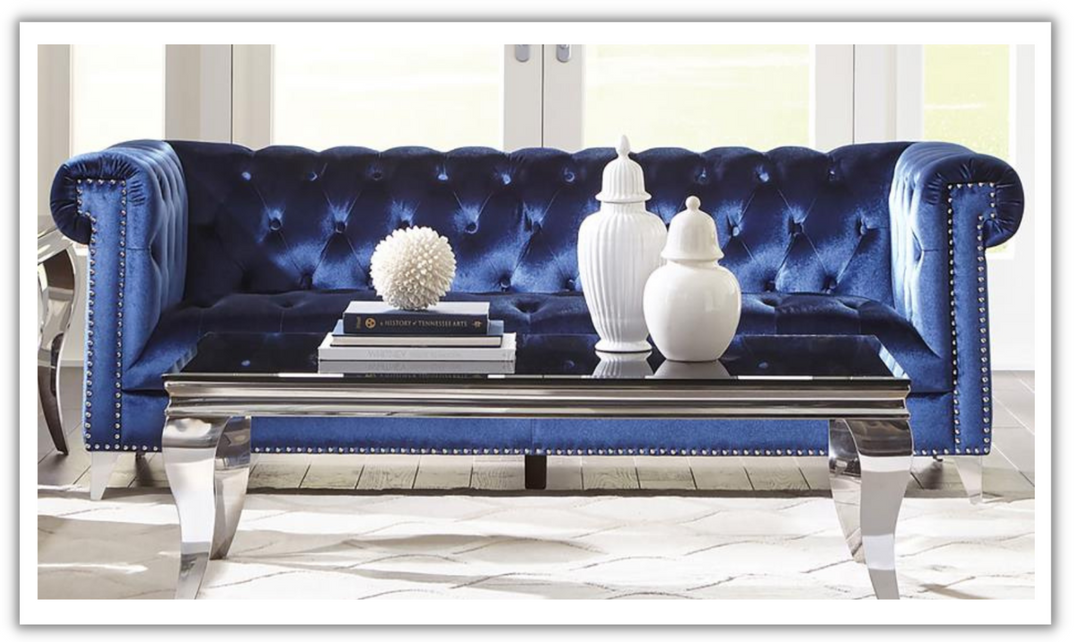 Coaster Bleker 3 Seater Blue Velvet Tufted Tuxedo Arm Sofa