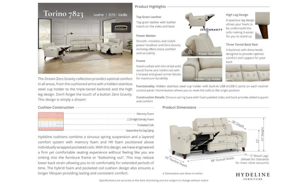 Hydeline Torino Zero Gravity Recliner Loveseat with Power Headrest