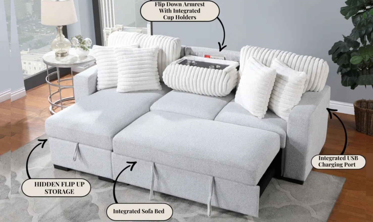 Global Furniture Feltro 3 Seater Full Pull-Out Storage Sleeper Sofa with Reversible Chaise- Jennifer Furniture