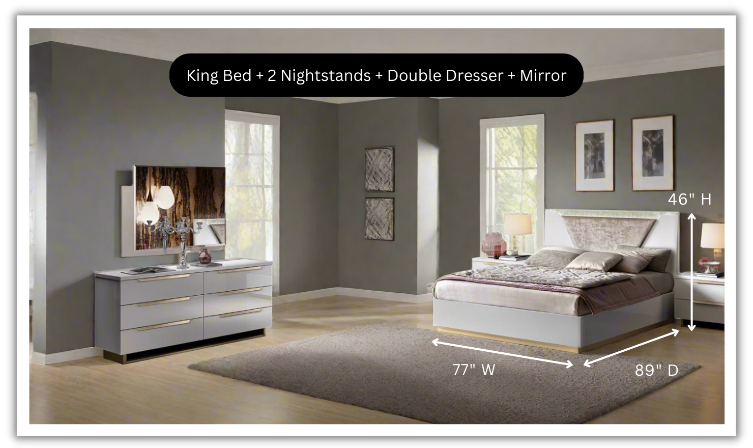 ESF Italia Smart Wooden Bedroom Set (Queen/King Bed + 2 Nightstands + Double Dresser + Mirror)