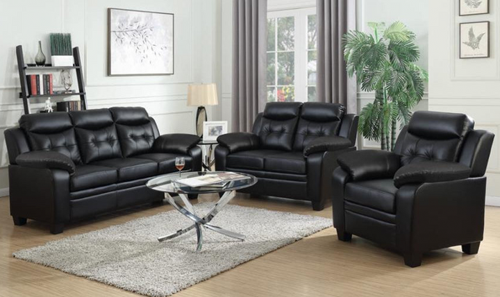 Coaster Finley 3-Seater Tufted Faux Leather Sofa in Black
