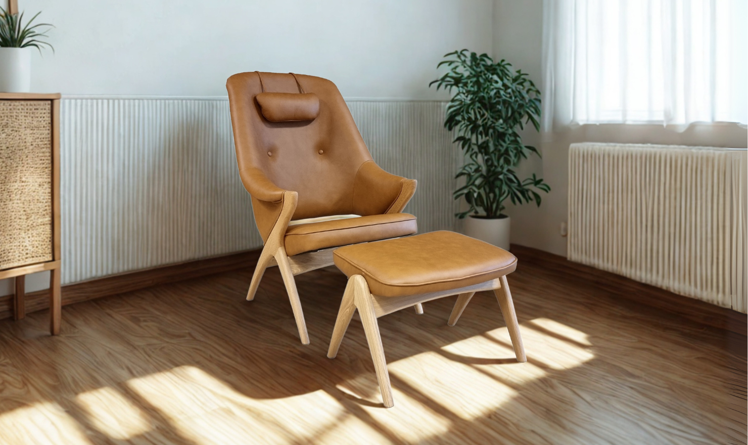Fjords Bravo Leather Chair with Headrest Pillow and Ottoman