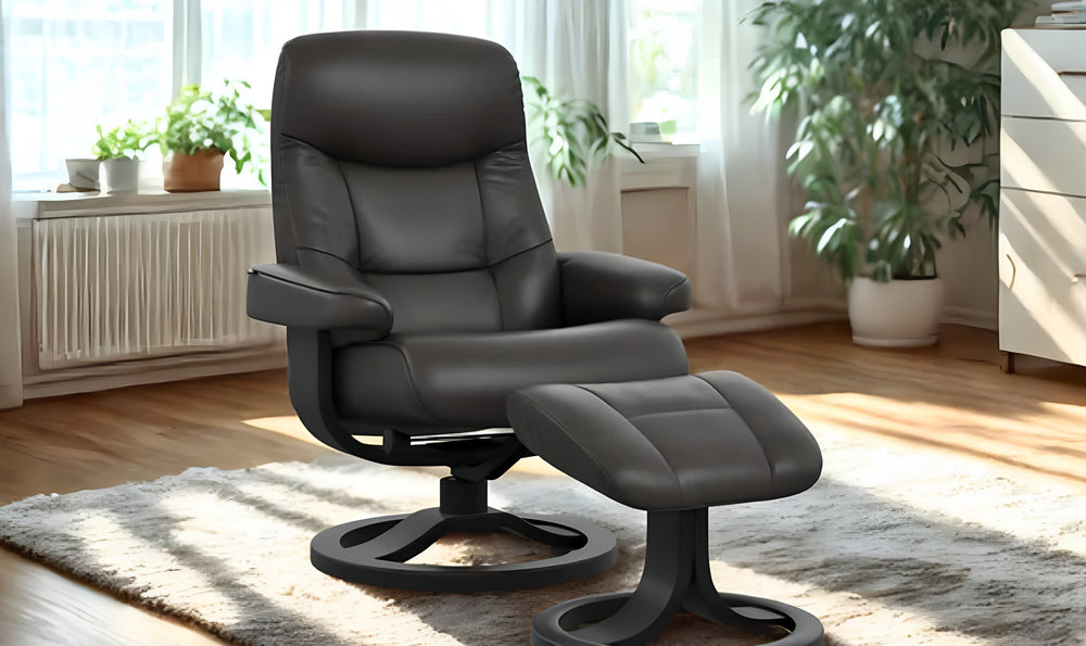 Fjords Muldal R Leather Manual Swivel Recliner Chair with Footstool in Two Sizes-Jennifer Furniture