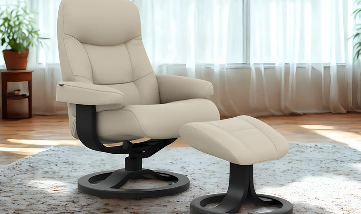 Fjords Muldal R Leather Manual Swivel Recliner Chair with Footstool in Two Sizes-Jennifer Furniture