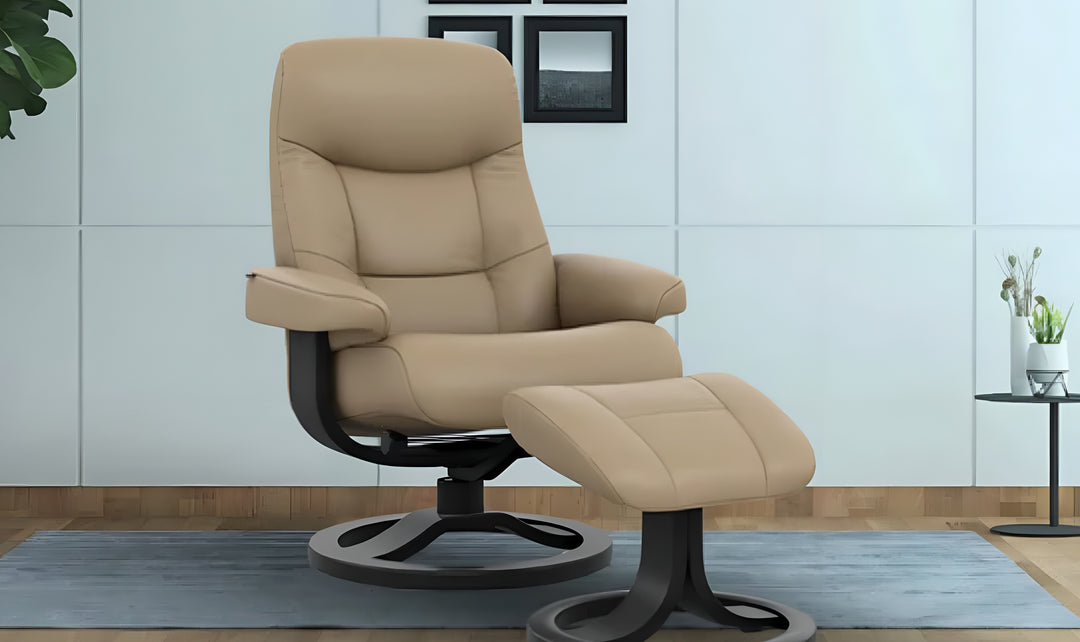 Fjords Muldal R Leather Manual Swivel Recliner Chair with Footstool in Two Sizes-Jennifer Furniture