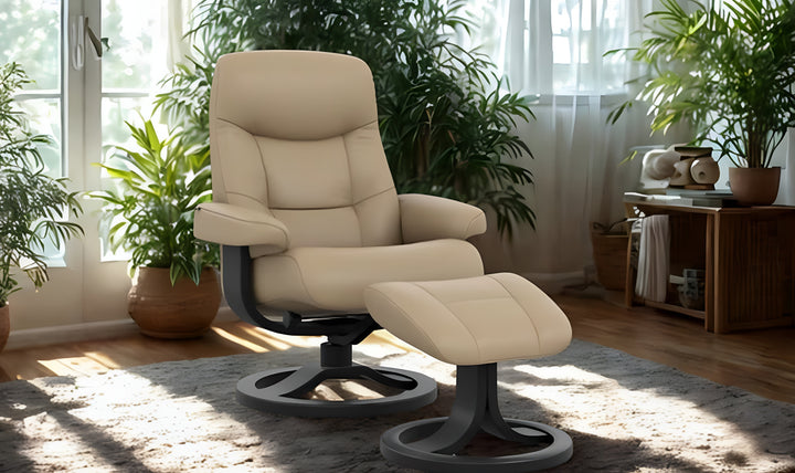 Fjords Muldal R Leather Manual Swivel Recliner Chair with Footstool in Two Sizes-Jennifer Furniture