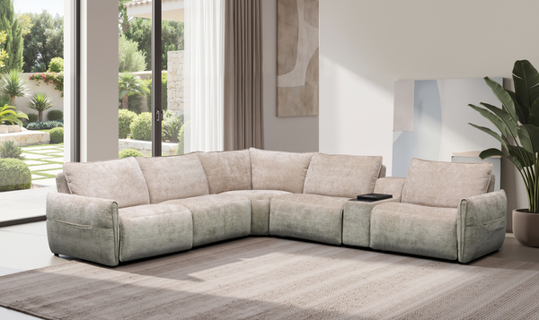 Klaussner Spazio Beige Fabric Sectional Sofa with USB Ports