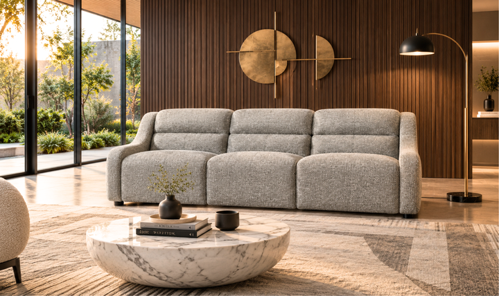 Bernhardt Gio Fabric Power Motion Sofa with Channeled Upholstery in Beige-Jennifer Furniture