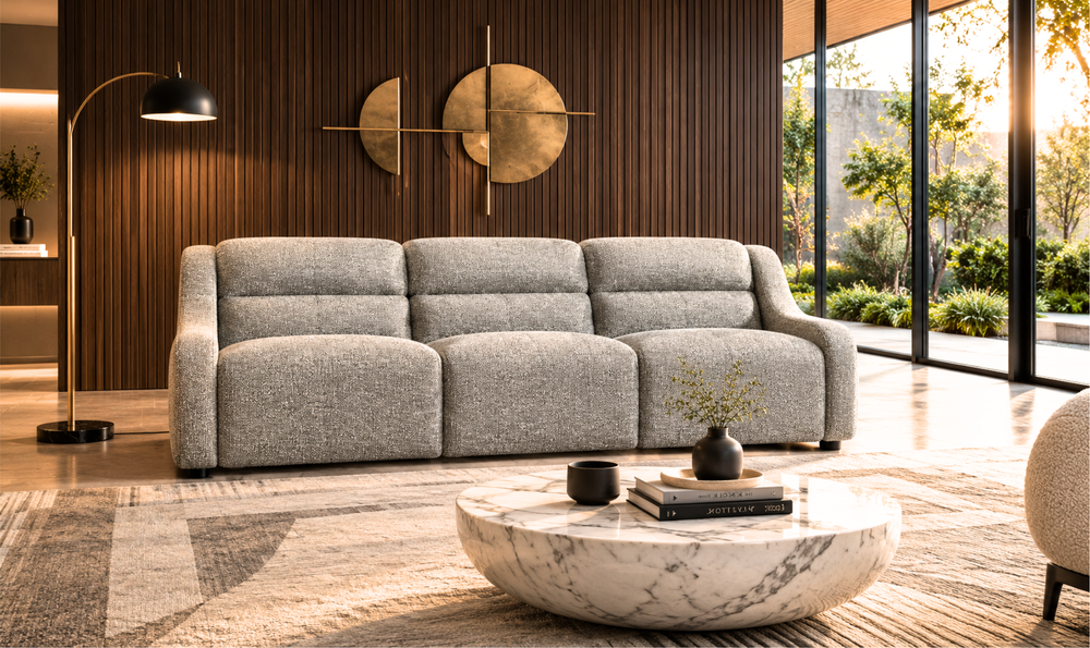 Bernhardt Gio Fabric Power Motion Sofa with Channeled Upholstery in Beige-Jennifer Furniture