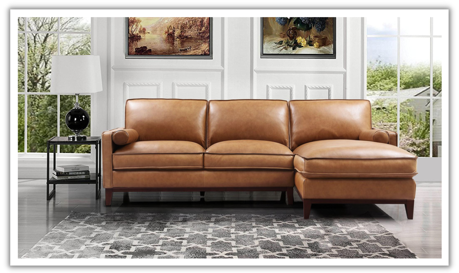 Gio Italia Harper 3-Seater Tan Leather Sectional Chaise-jenniferfurniture.com