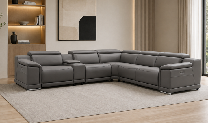 Gio Italia Hartley 6 Pieces Gray Leather Sectional Sofa with Power Recliners-Jenniferfurniture