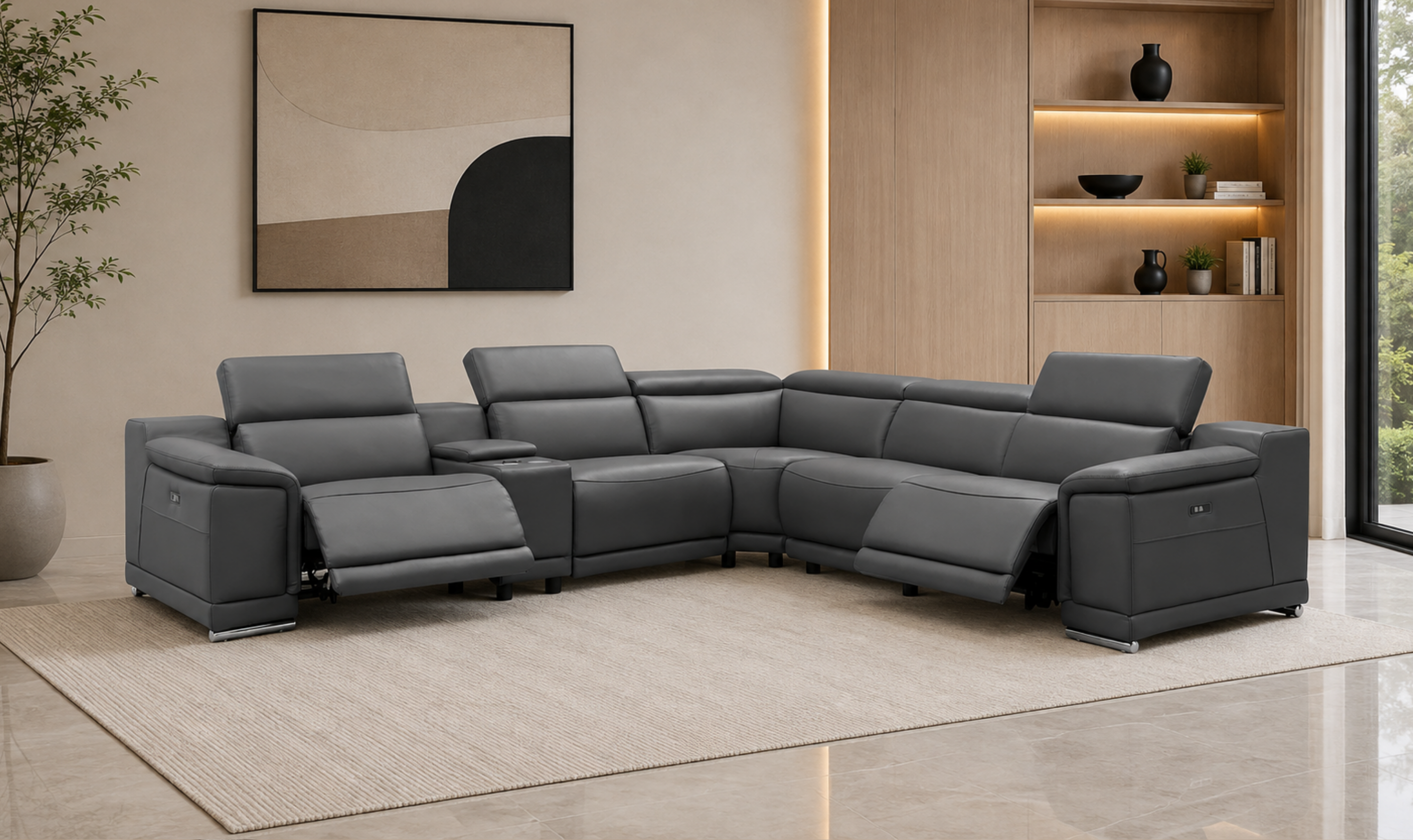 Gio Italia Hartley 6 Pieces Gray Leather Sectional Sofa with Power Recliners-Jenniferfurniture