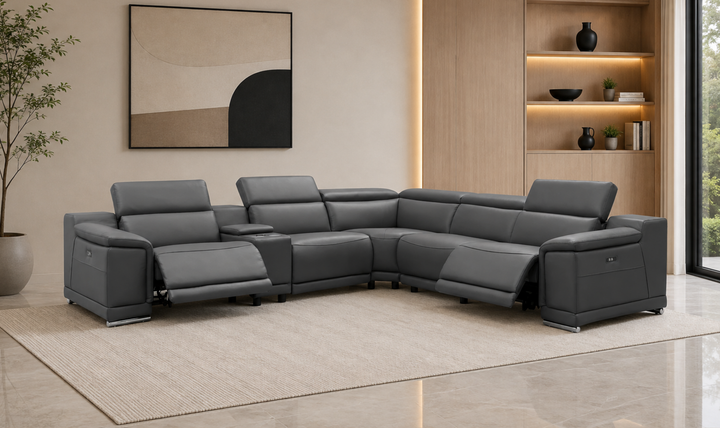 Gio Italia Hartley 6 Pieces Gray Leather Sectional Sofa with Power Recliners-Jenniferfurniture