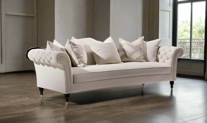 Gio Italia Dantone 3-Seater Beige Fabric Sofa with Tufted Rolled Arm