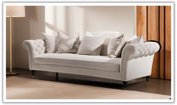 Gio Italia Dantone 3-Seater Beige Fabric Sofa with Tufted Rolled Arm
