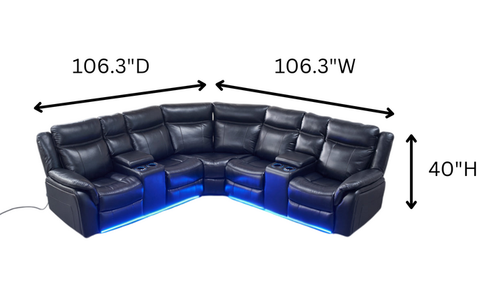 Global Furniture Gracelyn 4-Seater Black Reclining Sectional w/ LED Lighting