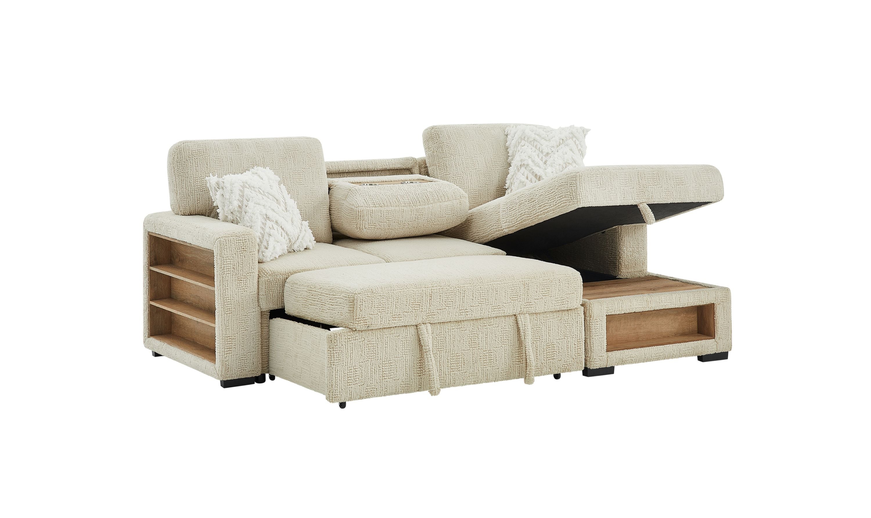 Global Furniture Aurora Ivory Pull-Out Sofa Bed with Storage Chaise