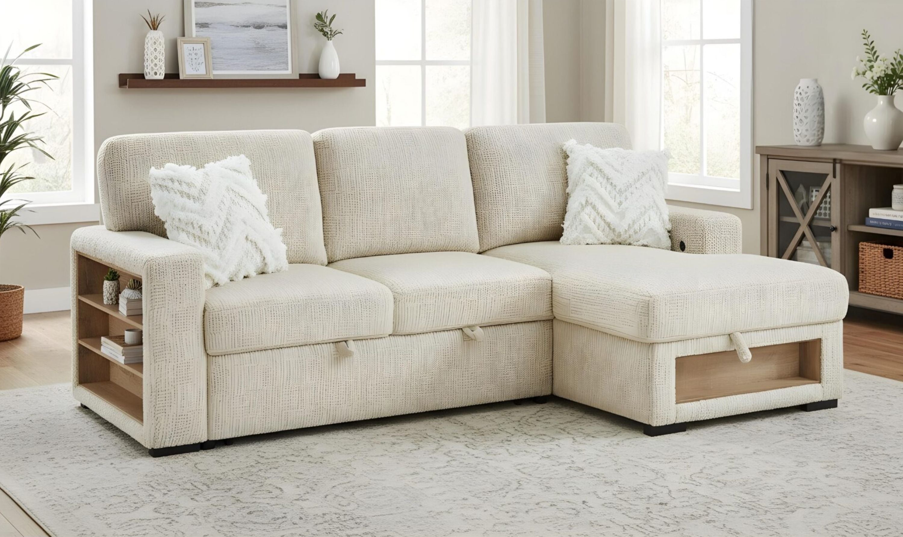 Global Furniture Aurora Ivory Pull-Out Sofa Bed with Storage Chaise
