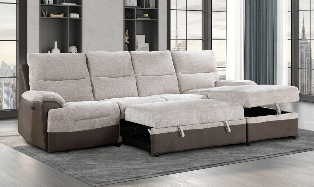 Global Furniture Beige 4-Seater Fabric L-Shape Sectional Sleeper Sofa With USB Ports-jennifer furniture