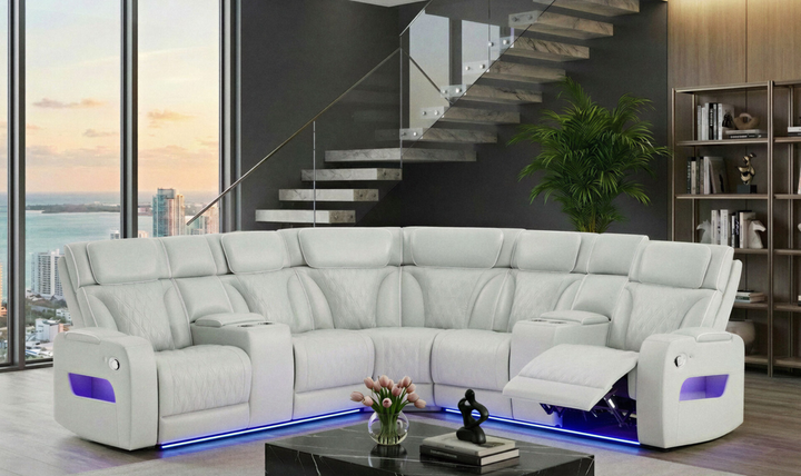Global Furniture Blanche Silver Sectional Recliner Sofa With LED
