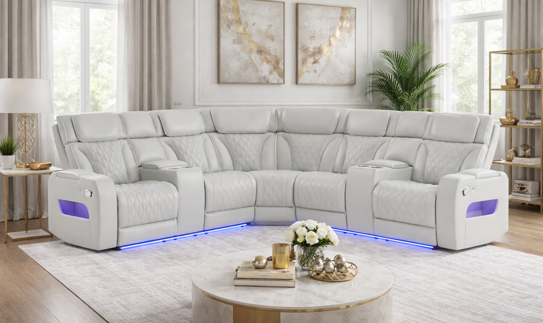 Global Furniture Blanche Silver Sectional Recliner Sofa With LED