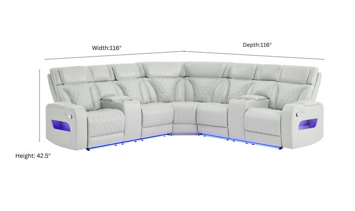 Global Furniture Blanche Silver Sectional Recliner Sofa With LED