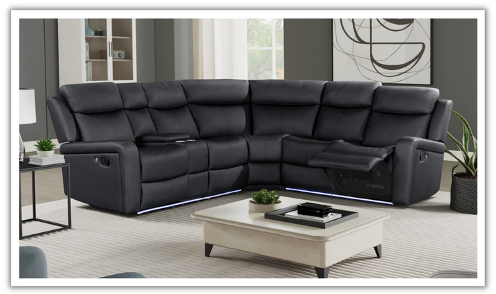 Global Furniture Cordell 4-Seater Black Fabric Sectional Recliner Sofa With LED
